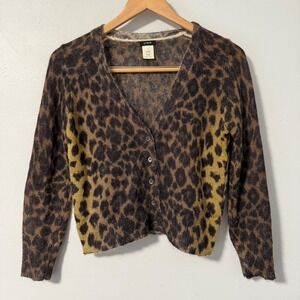 J. Crew Leopard Print V Neck Button Up Cardigan Sweater Women's Size S Mohair